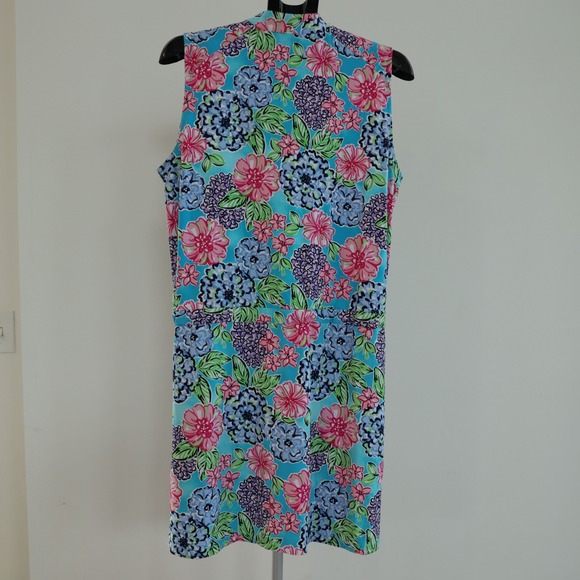 IBKUL Larisa Dress Size Large Turquoise Floral Drawstring Sleeveless Golf Tennis - Picture 4 of 11